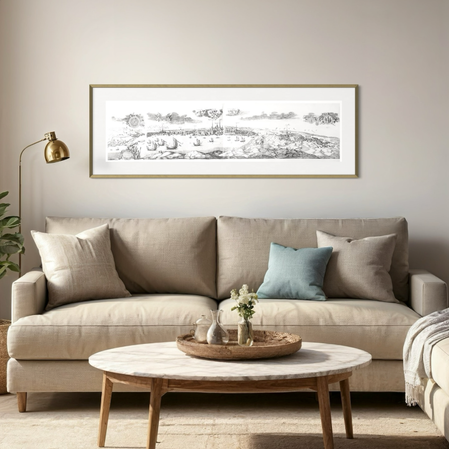 Sigismund von Vogels Stockholmspanorama i ram, hängande ver en beige soffa i ett vardgsrum. 